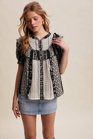 Mixed-Print Ruffle Yoke Blouse, view 2 | Fitkitty Culture®