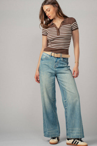 Boho Stripe Ribbed Snap Top