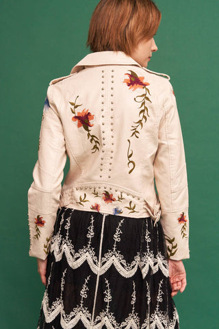 Floral Embroidered Studded Faux Leather Moto Jacket, view 5 | Fitkitty Culture®