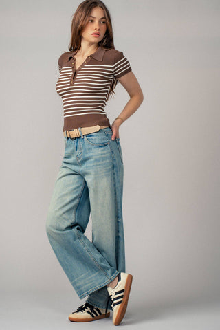 Boho Stripe Ribbed Snap Top