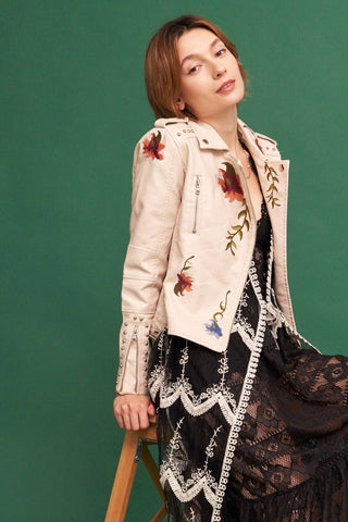Floral Embroidered Studded Faux Leather Moto Jacket, view 9 | Fitkitty Culture®