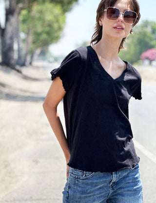 Everyday Ruffle V-Neck Tee - Black
