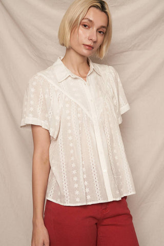 Lace Panel Short Sleeve Button Down Shirt, view 3 | Fitkitty Culture®