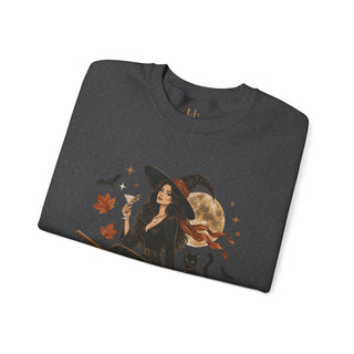 Witchy Moon Crewneck Sweatshirt – Autumn Witch, Black Cat & Broom Fall Graphic