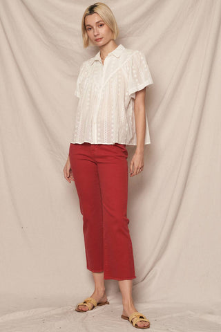 Lace Panel Short Sleeve Button Down Shirt, view 5 | Fitkitty Culture®