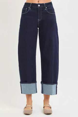 Dark wash slouchy cropped barrel jeans with cuffed hem