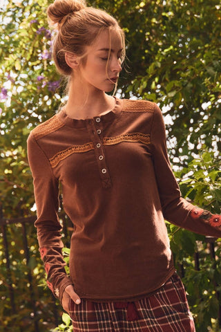 Acid-Washed Crochet-Trim Henley Top
