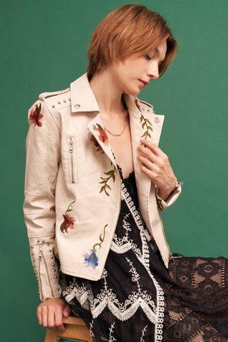 Floral Embroidered Studded Faux Leather Moto Jacket | Fitkitty Culture®