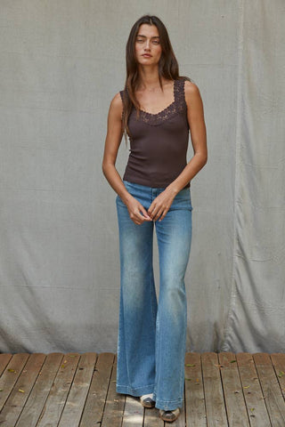 Ribbed Seamless Tank with Lace Trim