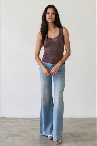 Ribbed Seamless Tank with Lace Trim