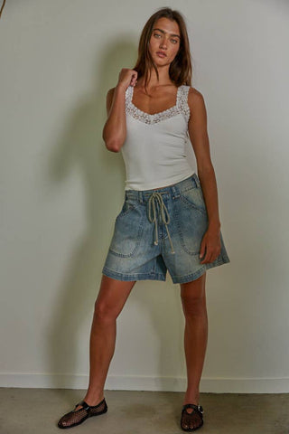 Ribbed Seamless Tank with Lace Trim