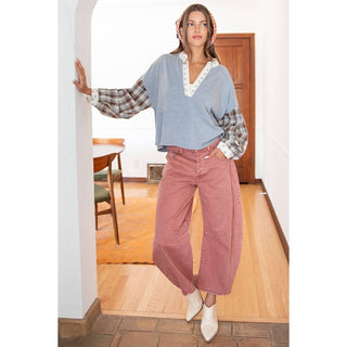 Mineral Washed Floral Trim Plaid Contrast Top
