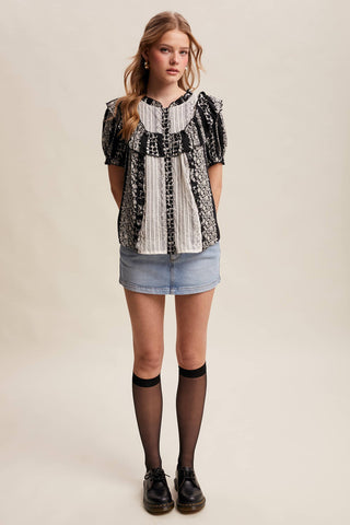 Mixed-Print Ruffle Yoke Blouse, view 9 | Fitkitty Culture®