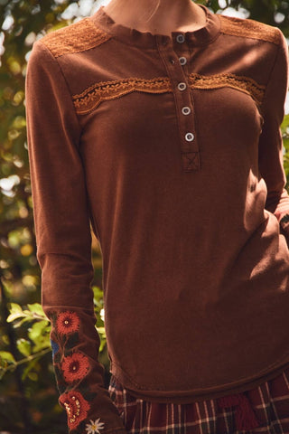 Acid-Washed Crochet-Trim Henley Top