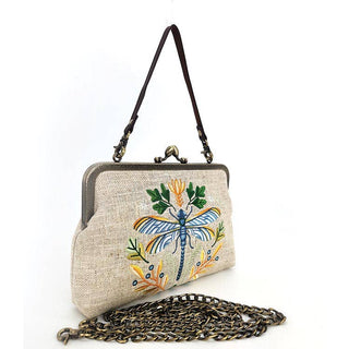 Dragonfly Kisslock Bag – Vintage-Inspired Embroidered Handbag with Detachable Strap