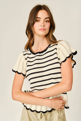 MAS3129 STRIPED CROCHET S/S SWEATER - Fitkitty Culture Athleisure Wear, Yoga Wear &  Women's Clothing