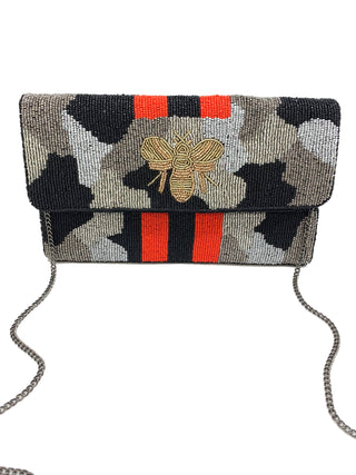 Silver Camo Bee Beaded Clutch – Handcrafted Statement Bag with Chain Strap