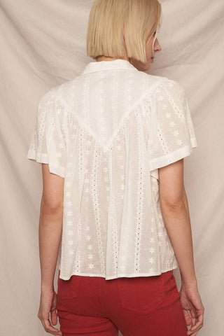 Lace Panel Short Sleeve Button Down Shirt, view 4 | Fitkitty Culture®