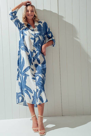 Tropical Palm Leaf Button-Down Midi Dress - Resort and Spring Collection