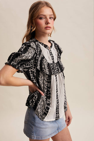 Mixed-Print Ruffle Yoke Blouse, view 7 | Fitkitty Culture®