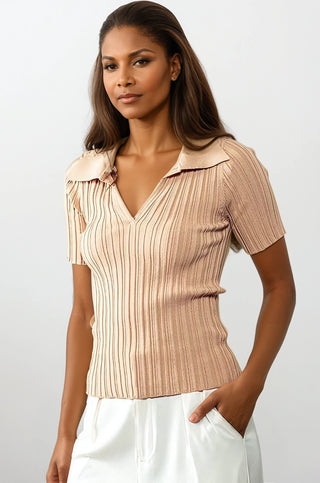 Rib Knit Wing Collar Short Sleeve Top