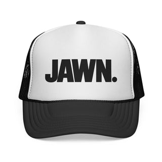 Black-and-white JAWN. trucker hat shown from the front
