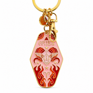 A gold-tone metal keychain featuring a coffin-shaped charm with a pink and red enamel design, decorated with the Aries zodiac symbol, flames, stars, and the word 'ARIES'.
