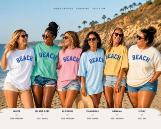 Beach Graphic T-Shirt – Vintage Blue "BEACH" Print