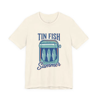 Beige t-shirt with 'Tin Fish Summer' graphic design on a white background