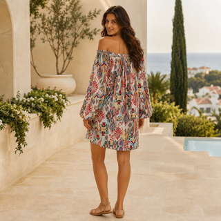 Boho Off Shoulder Balloon Sleeve Mini Dress, view 3 | Fitkitty Culture®