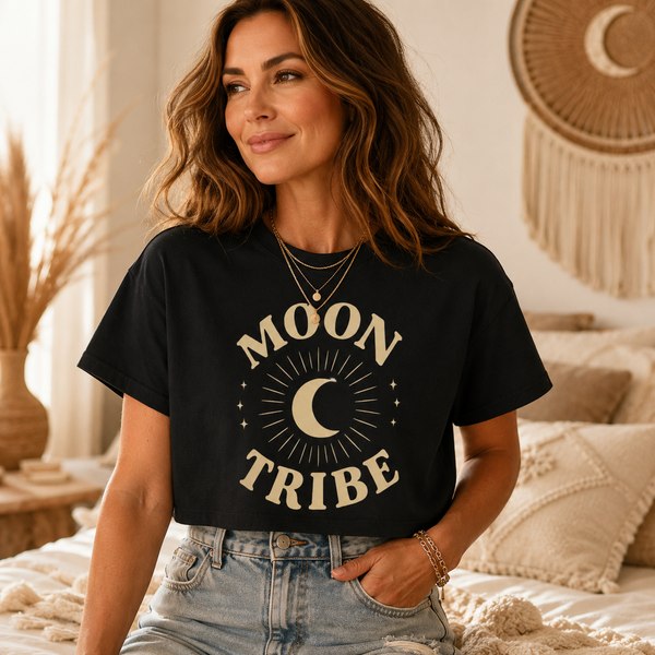 Moon Tribe Boxy Tee | Crescent Moon Celestial Graphic Tee