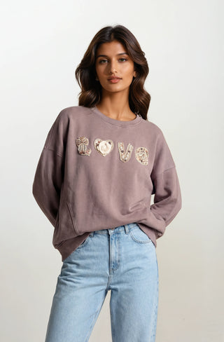 Boho "Love" Embellished Mineral Wash Sweatshirt - Fitkitty Culture Athleisure Wear, Yoga Wear &  Women's Clothing
