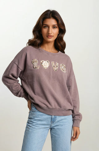 Boho "Love" Embellished Mineral Wash Sweatshirt - Fitkitty Culture Athleisure Wear, Yoga Wear &  Women's Clothing