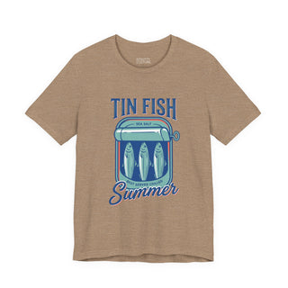 Brown t-shirt with 'Tin Fish Summer' graphic design on a white background