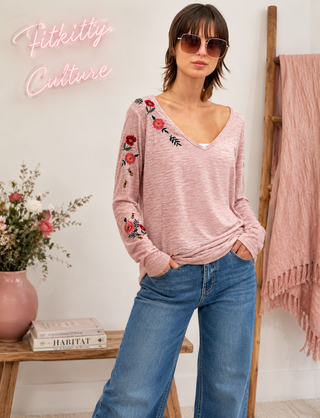 You Deserve Flowers Embroidered Long Sleeve Tee - Fitkitty Culture Athleisure Wear, Yoga Wear &  Women's Clothing