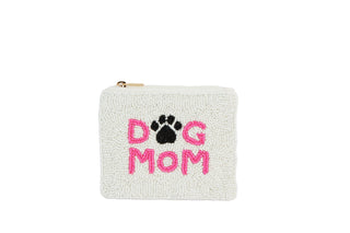 White pouch with 'DOG MOM' text and paw print on a white background