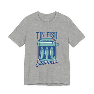 Gray t-shirt with 'Tin Fish Summer' graphic design on a white background