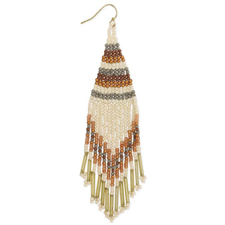 Handmade woven bead earrings in neutral tones with playful fringe