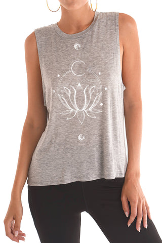 Heather grey sleeveless tank with hand-drawn lotus and moon graphic
