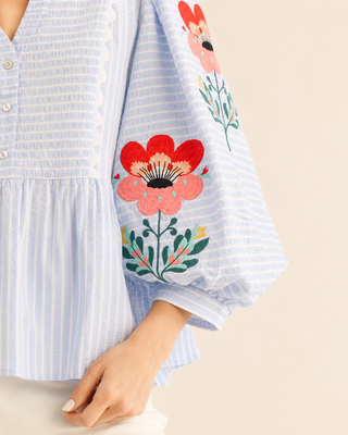 Meadow Bloom Embroidered Striped Floral Sleeve Top