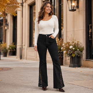 Jaqueline Lace Hem Ultra Flare Jeans - Shadow Black, view 2 | Fitkitty Culture®