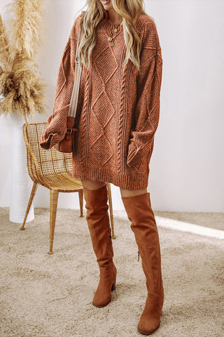 Cable Knit Sweater Dress in Coffee