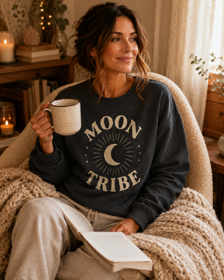 Woman wearing a 'Moon Tribe' sweatshirt, holding a mug and reading a book in a cozy room.