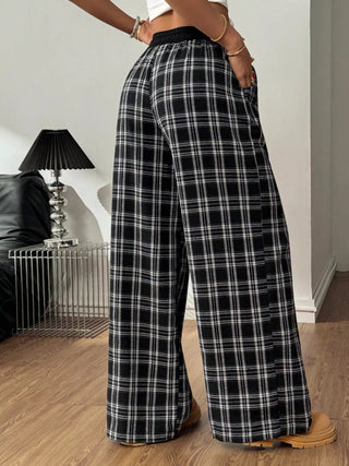 Plaid wide-leg pants, back view