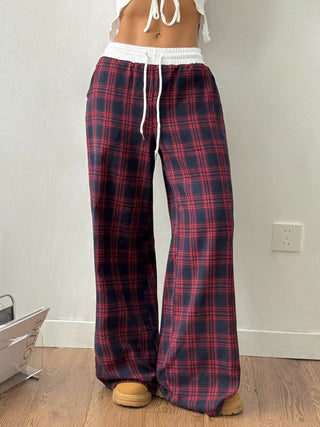 Red plaid wide-leg pants, back view