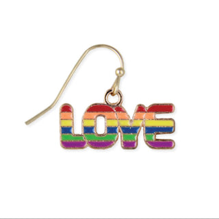 Rainbow striped enamel LOVE earrings with gold-tone base