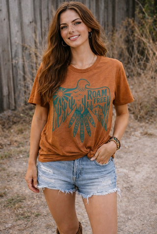 Roam Free Tee with hand-screened boho western eagle graphic on cotton blend t-shirt
