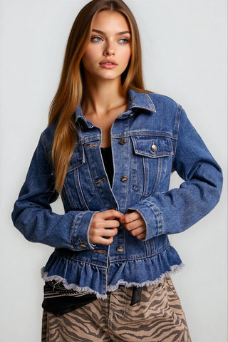 Ruffled Hem Denim Jacket - Fitkitty Culture Athleisure Wear, Yoga Wear &  Women's Clothing