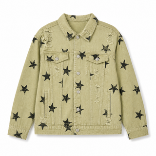 Sage Star Distressed Denim Jacket front view with button-front detail