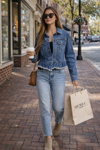 Ruffled Hem Denim Jacket - Fitkitty Culture Athleisure Wear, Yoga Wear &  Women's Clothing